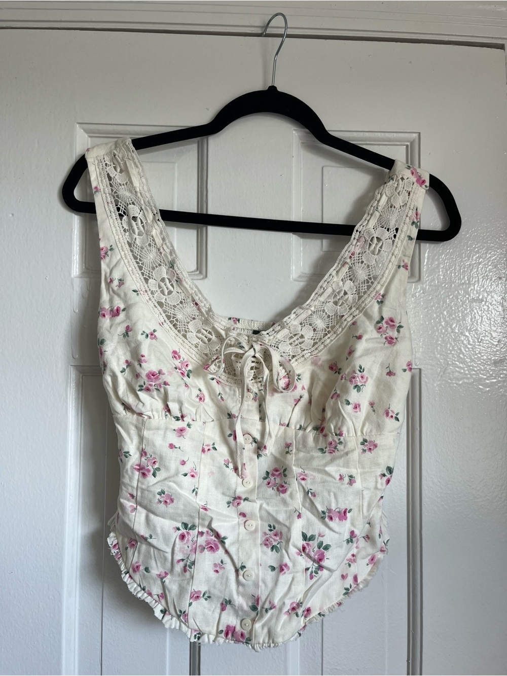 Lace-Trim Floral Cotton Top in Cream and Pink